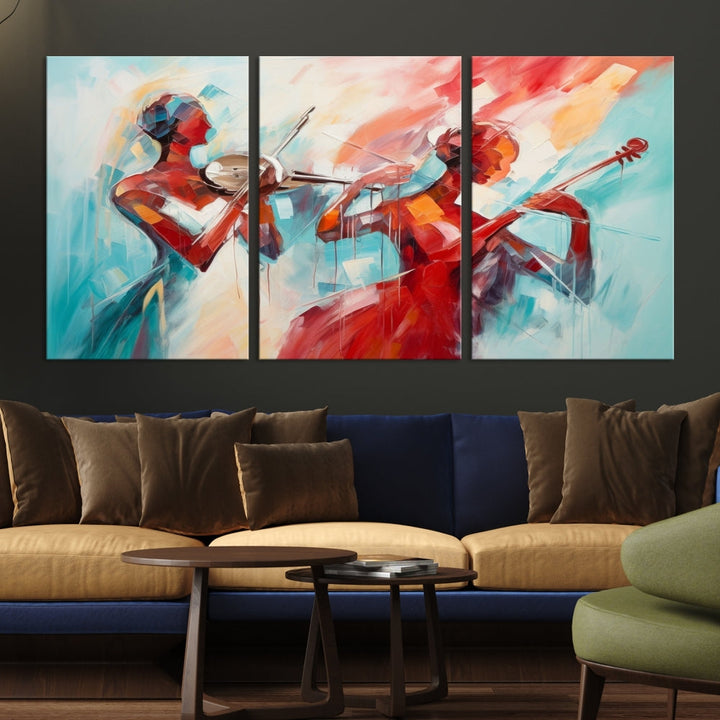 A modern living room showcases the Abstract Musician African American Women Wall Art, elegantly housed in a handcrafted frame with UV-protective coating. It is set against museum-quality canvas backdrops.