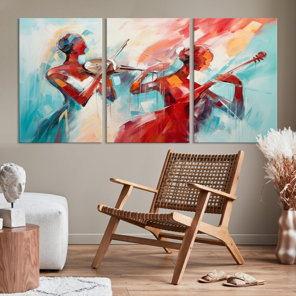 A modern living room showcases the Abstract Musician African American Women Wall Art, elegantly housed in a handcrafted frame with UV-protective coating. It is set against museum-quality canvas backdrops.