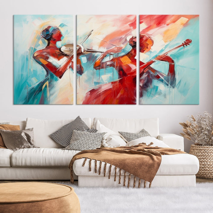 A modern living room showcases the Abstract Musician African American Women Wall Art, elegantly housed in a handcrafted frame with UV-protective coating. It is set against museum-quality canvas backdrops.