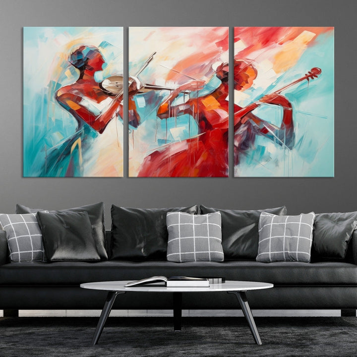 A modern living room showcases the Abstract Musician African American Women Wall Art, elegantly housed in a handcrafted frame with UV-protective coating. It is set against museum-quality canvas backdrops.