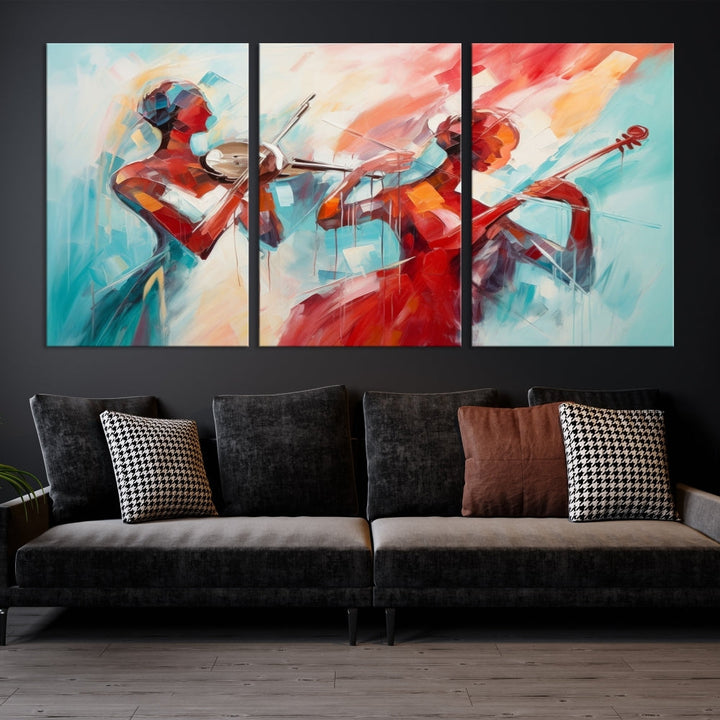 A modern living room showcases the Abstract Musician African American Women Wall Art, elegantly housed in a handcrafted frame with UV-protective coating. It is set against museum-quality canvas backdrops.