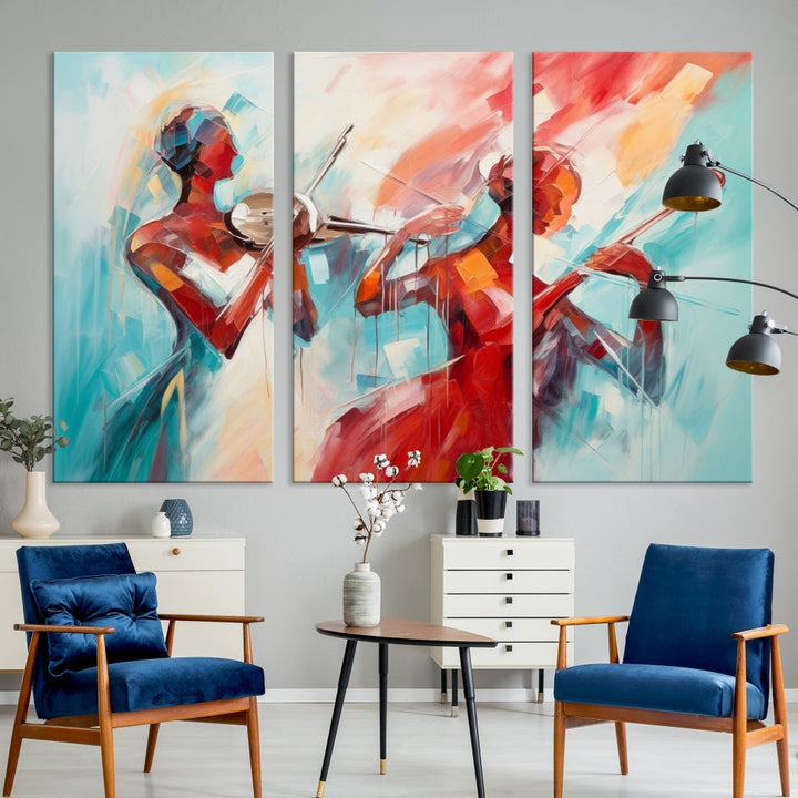 A modern living room showcases the Abstract Musician African American Women Wall Art, elegantly housed in a handcrafted frame with UV-protective coating. It is set against museum-quality canvas backdrops.