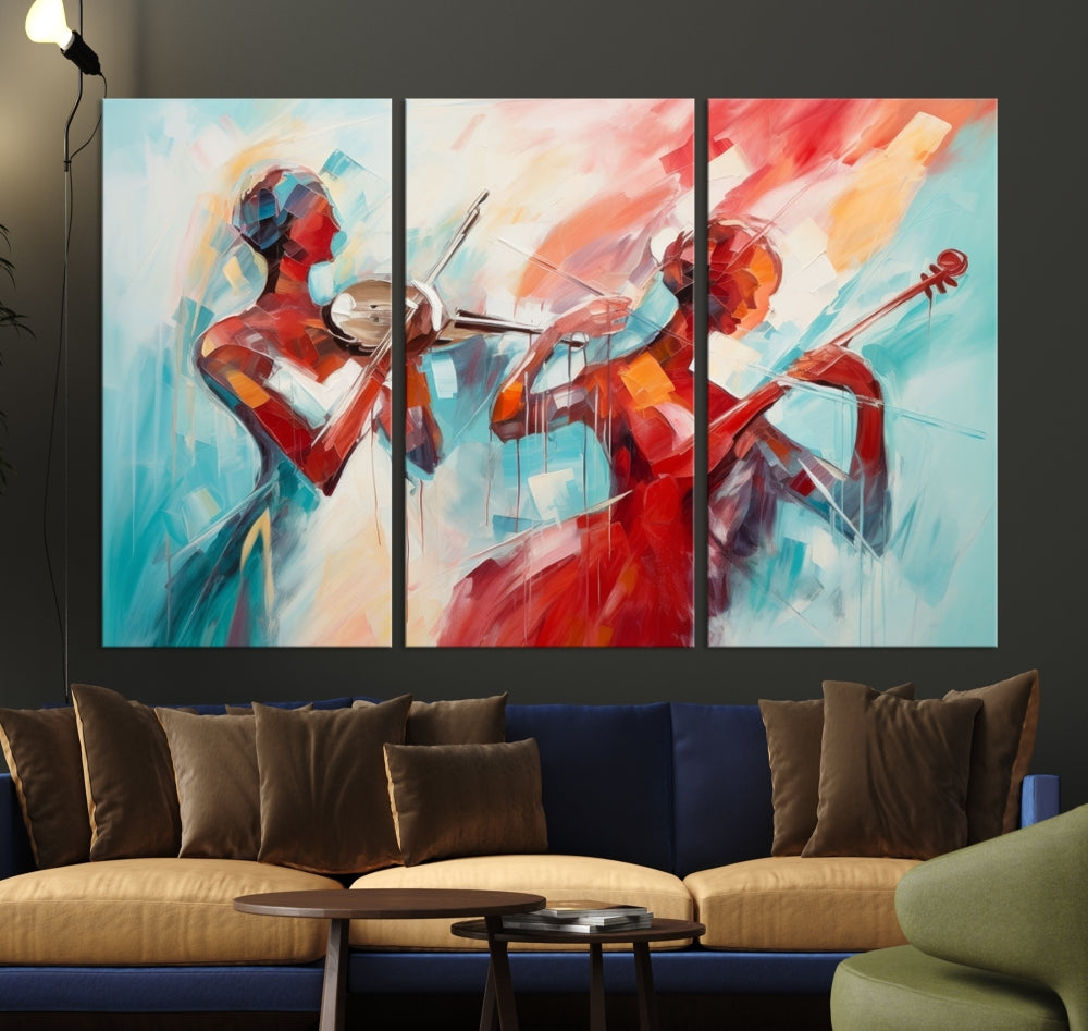 A modern living room showcases the Abstract Musician African American Women Wall Art, elegantly housed in a handcrafted frame with UV-protective coating. It is set against museum-quality canvas backdrops.