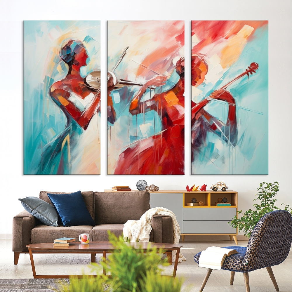 A modern living room showcases the Abstract Musician African American Women Wall Art, elegantly housed in a handcrafted frame with UV-protective coating. It is set against museum-quality canvas backdrops.