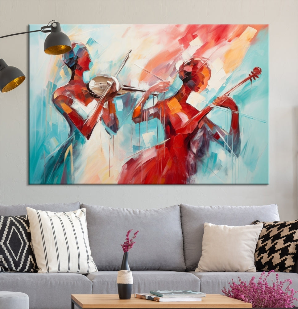 A modern living room showcases the Abstract Musician African American Women Wall Art, elegantly housed in a handcrafted frame with UV-protective coating. It is set against museum-quality canvas backdrops.