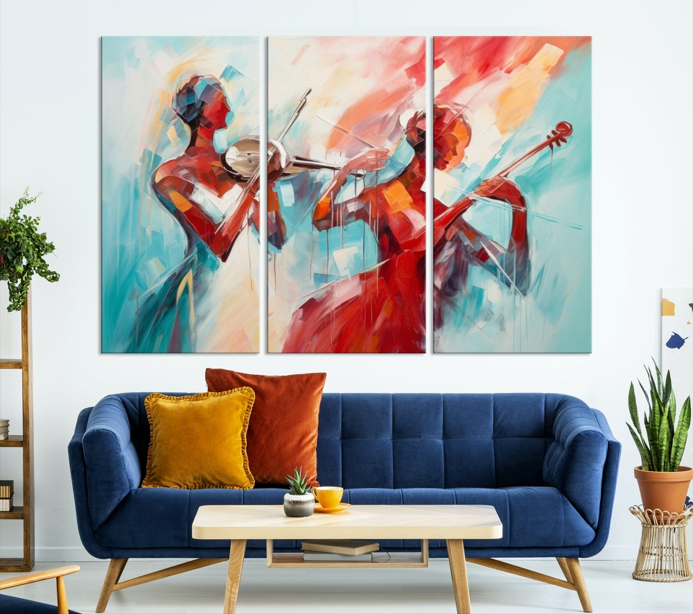 A modern living room showcases the Abstract Musician African American Women Wall Art, elegantly housed in a handcrafted frame with UV-protective coating. It is set against museum-quality canvas backdrops.