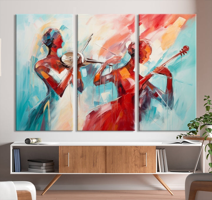 A modern living room showcases the Abstract Musician African American Women Wall Art, elegantly housed in a handcrafted frame with UV-protective coating. It is set against museum-quality canvas backdrops.