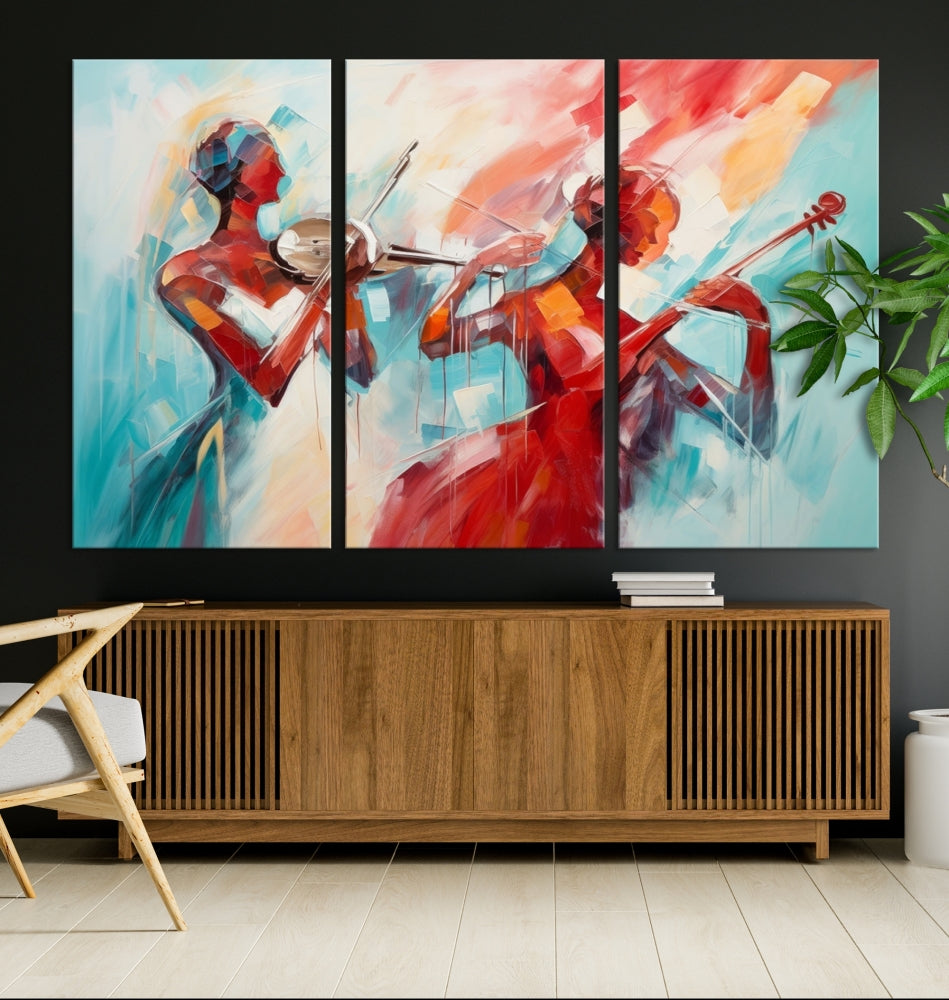 A modern living room showcases the Abstract Musician African American Women Wall Art, elegantly housed in a handcrafted frame with UV-protective coating. It is set against museum-quality canvas backdrops.