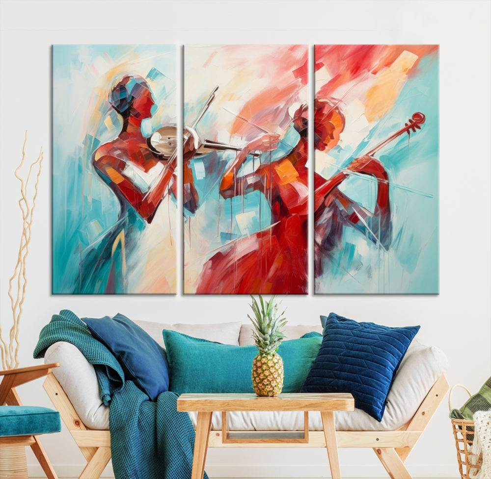 A modern living room showcases the Abstract Musician African American Women Wall Art, elegantly housed in a handcrafted frame with UV-protective coating. It is set against museum-quality canvas backdrops.