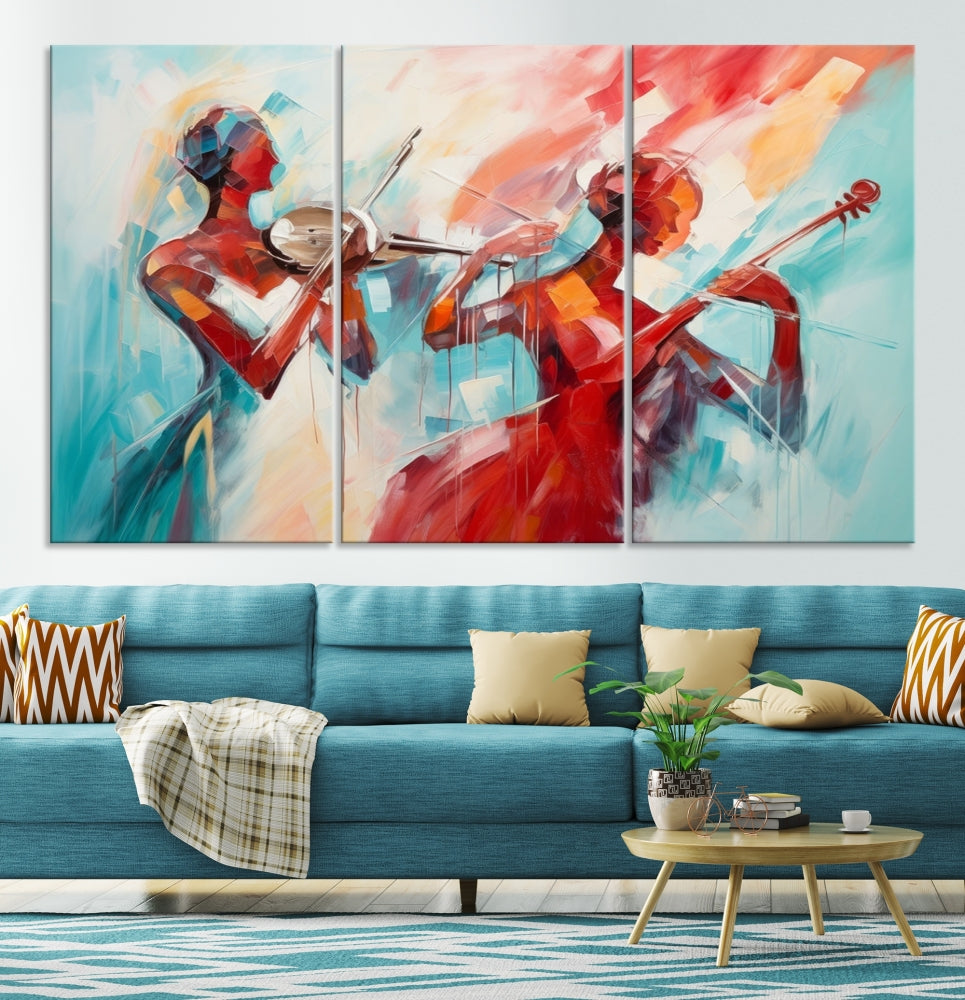 A modern living room showcases the Abstract Musician African American Women Wall Art, elegantly housed in a handcrafted frame with UV-protective coating. It is set against museum-quality canvas backdrops.