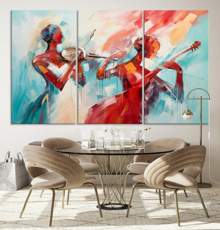 A modern living room showcases the Abstract Musician African American Women Wall Art, elegantly housed in a handcrafted frame with UV-protective coating. It is set against museum-quality canvas backdrops.