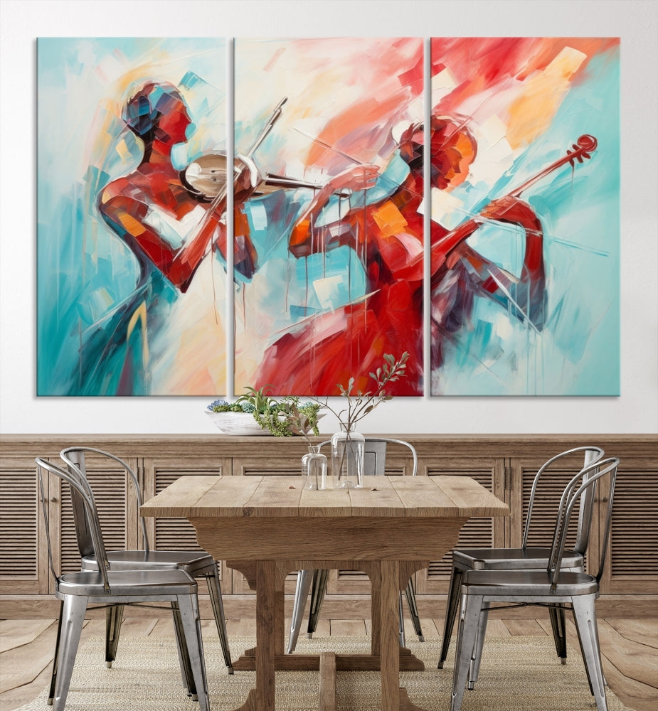 A modern living room showcases the Abstract Musician African American Women Wall Art, elegantly housed in a handcrafted frame with UV-protective coating. It is set against museum-quality canvas backdrops.