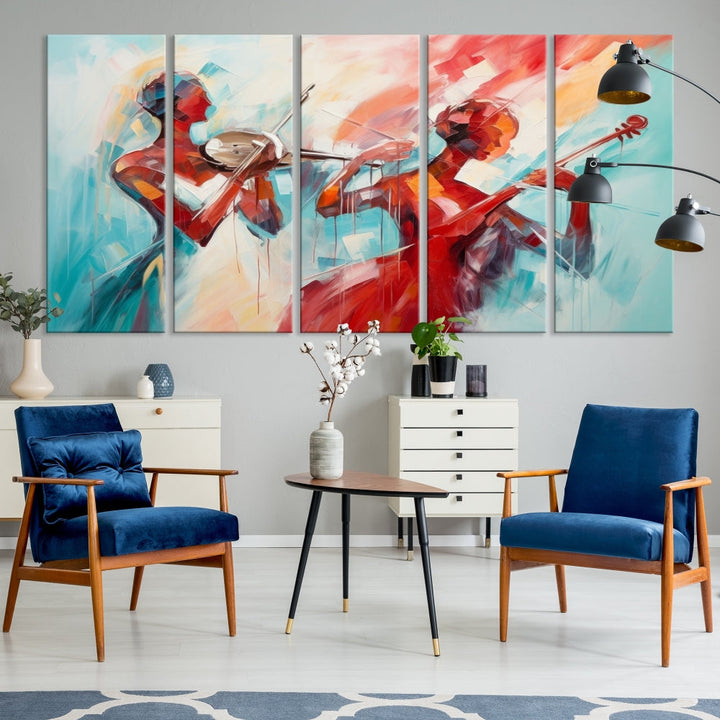 A modern living room showcases the Abstract Musician African American Women Wall Art, elegantly housed in a handcrafted frame with UV-protective coating. It is set against museum-quality canvas backdrops.