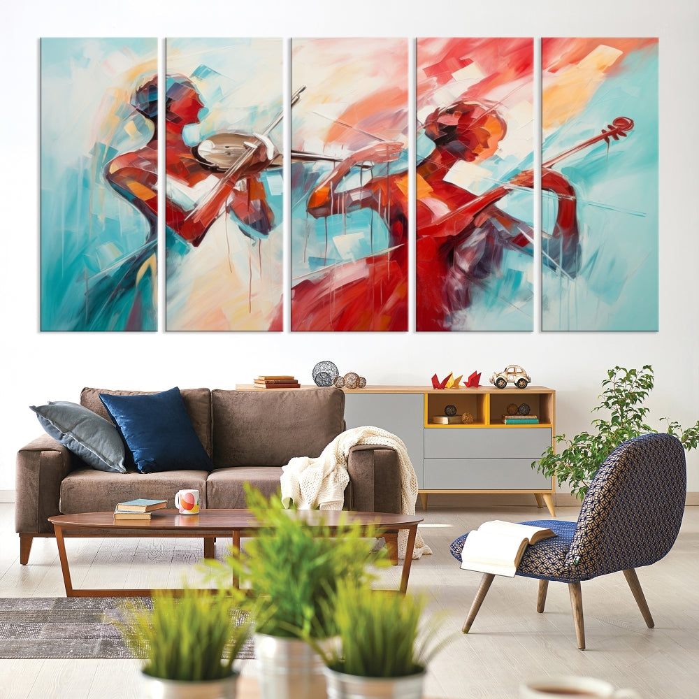 A modern living room showcases the Abstract Musician African American Women Wall Art, elegantly housed in a handcrafted frame with UV-protective coating. It is set against museum-quality canvas backdrops.