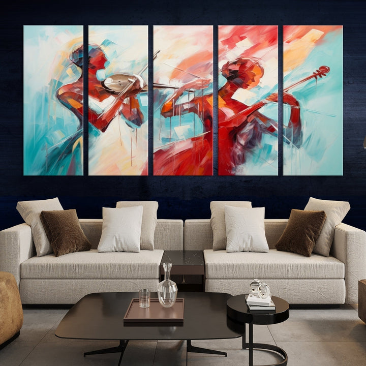 A modern living room showcases the Abstract Musician African American Women Wall Art, elegantly housed in a handcrafted frame with UV-protective coating. It is set against museum-quality canvas backdrops.