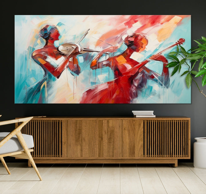 A modern living room showcases the Abstract Musician African American Women Wall Art, elegantly housed in a handcrafted frame with UV-protective coating. It is set against museum-quality canvas backdrops.