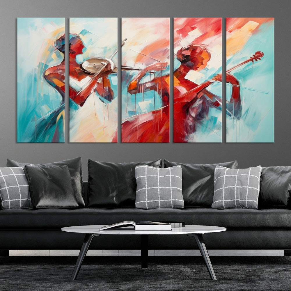 A modern living room showcases the Abstract Musician African American Women Wall Art, elegantly housed in a handcrafted frame with UV-protective coating. It is set against museum-quality canvas backdrops.