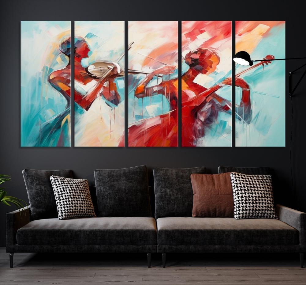 A modern living room showcases the Abstract Musician African American Women Wall Art, elegantly housed in a handcrafted frame with UV-protective coating. It is set against museum-quality canvas backdrops.