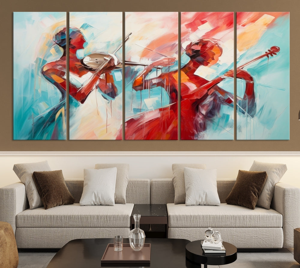 A modern living room showcases the Abstract Musician African American Women Wall Art, elegantly housed in a handcrafted frame with UV-protective coating. It is set against museum-quality canvas backdrops.