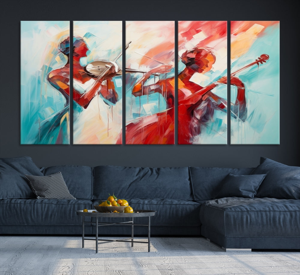 A modern living room showcases the Abstract Musician African American Women Wall Art, elegantly housed in a handcrafted frame with UV-protective coating. It is set against museum-quality canvas backdrops.