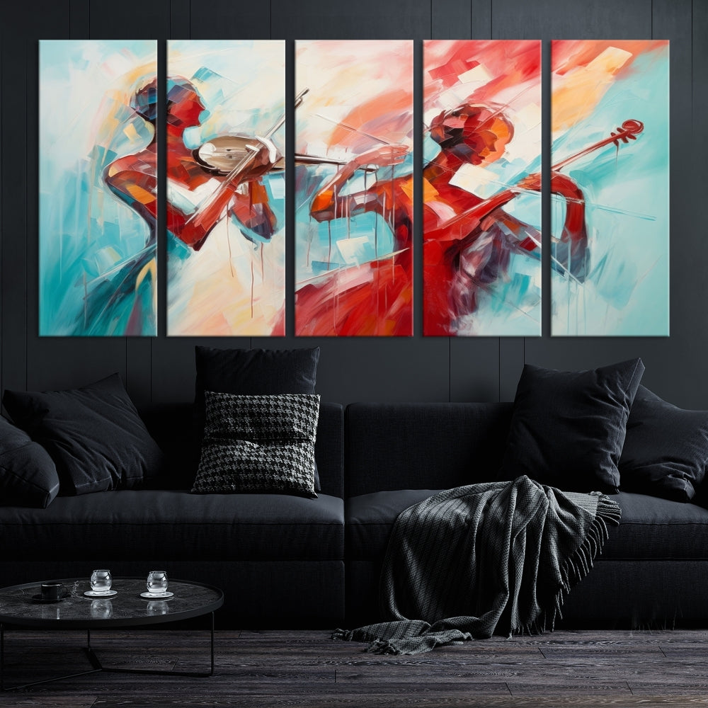 A modern living room showcases the Abstract Musician African American Women Wall Art, elegantly housed in a handcrafted frame with UV-protective coating. It is set against museum-quality canvas backdrops.