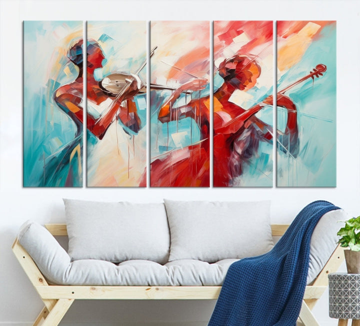 A modern living room showcases the Abstract Musician African American Women Wall Art, elegantly housed in a handcrafted frame with UV-protective coating. It is set against museum-quality canvas backdrops.