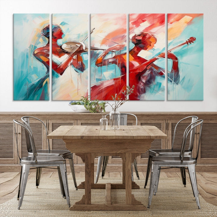 A modern living room showcases the Abstract Musician African American Women Wall Art, elegantly housed in a handcrafted frame with UV-protective coating. It is set against museum-quality canvas backdrops.