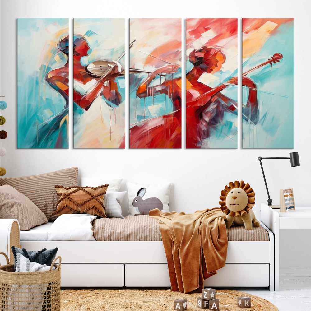 A modern living room showcases the Abstract Musician African American Women Wall Art, elegantly housed in a handcrafted frame with UV-protective coating. It is set against museum-quality canvas backdrops.