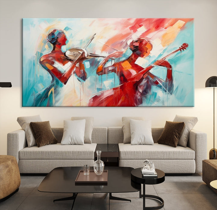 A modern living room showcases the Abstract Musician African American Women Wall Art, elegantly housed in a handcrafted frame with UV-protective coating. It is set against museum-quality canvas backdrops.