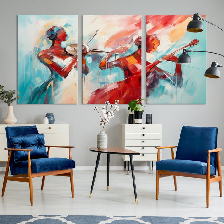 A modern living room showcases the Abstract Musician African American Women Wall Art, elegantly housed in a handcrafted frame with UV-protective coating. It is set against museum-quality canvas backdrops.