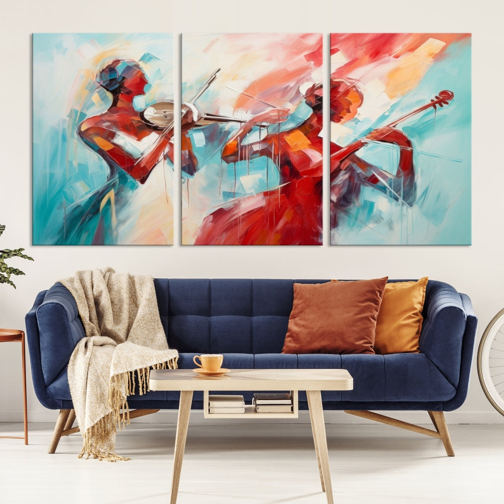 A modern living room showcases the Abstract Musician African American Women Wall Art, elegantly housed in a handcrafted frame with UV-protective coating. It is set against museum-quality canvas backdrops.