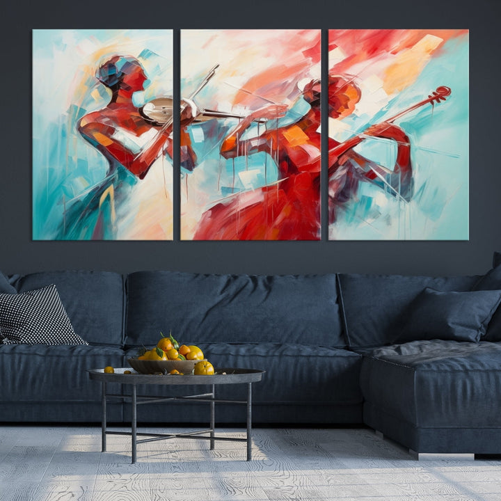 A modern living room showcases the Abstract Musician African American Women Wall Art, elegantly housed in a handcrafted frame with UV-protective coating. It is set against museum-quality canvas backdrops.