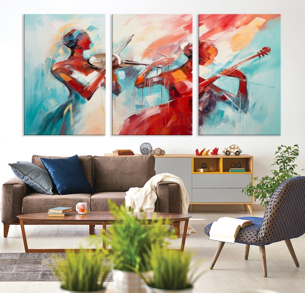 A modern living room showcases the Abstract Musician African American Women Wall Art, elegantly housed in a handcrafted frame with UV-protective coating. It is set against museum-quality canvas backdrops.