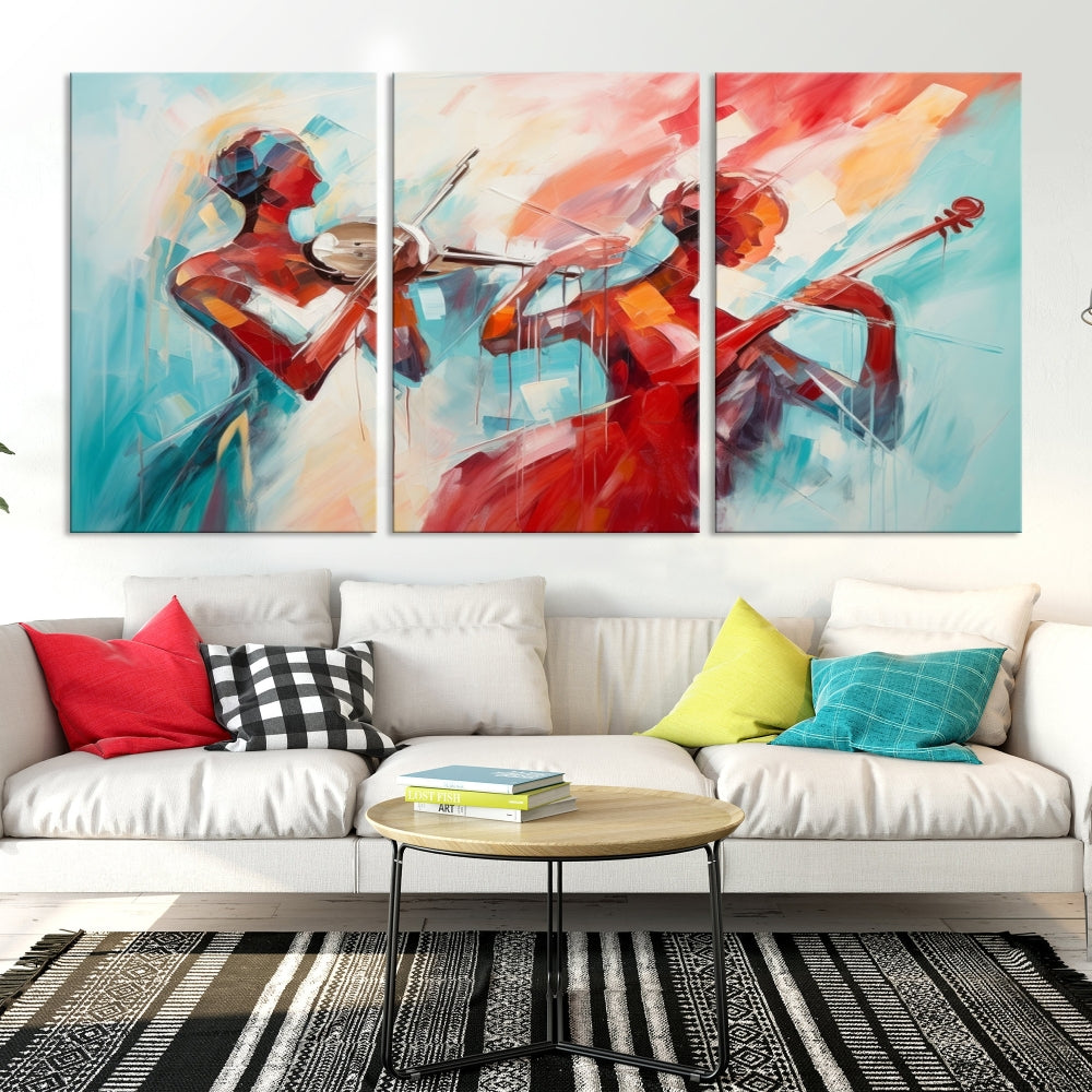 A modern living room showcases the Abstract Musician African American Women Wall Art, elegantly housed in a handcrafted frame with UV-protective coating. It is set against museum-quality canvas backdrops.