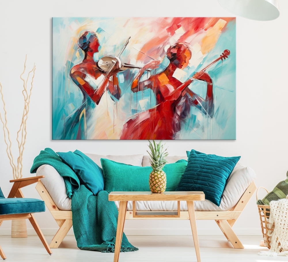 A modern living room showcases the Abstract Musician African American Women Wall Art, elegantly housed in a handcrafted frame with UV-protective coating. It is set against museum-quality canvas backdrops.