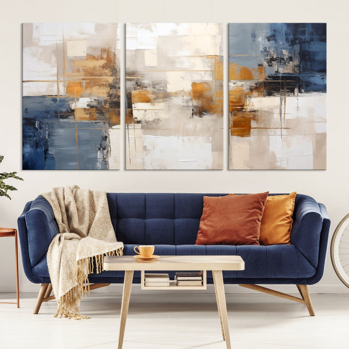 Abstract Print Wall Art Canvas Artwork with blue, white, and gold hues is showcased. Crafted on museum-quality canvases, this artwork comes ready to hang and includes a UV-protective coating to preserve its vibrant colors.