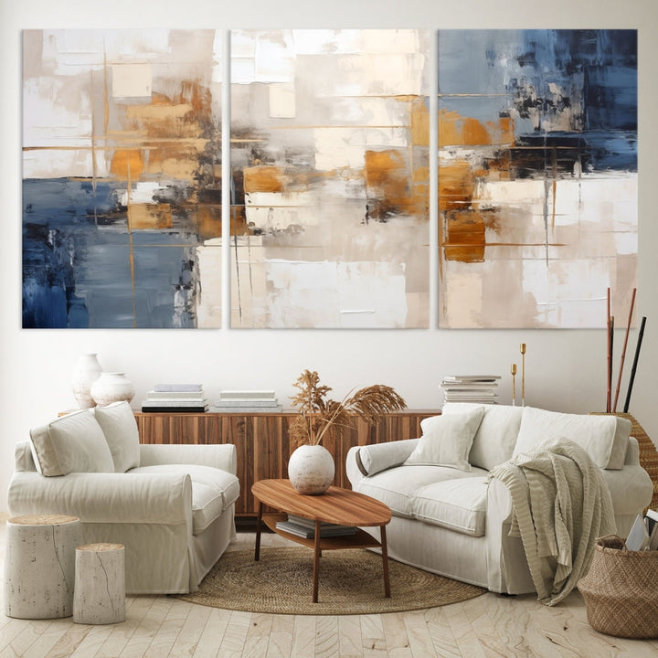 Abstract Print Wall Art Canvas Artwork with blue, white, and gold hues is showcased. Crafted on museum-quality canvases, this artwork comes ready to hang and includes a UV-protective coating to preserve its vibrant colors.