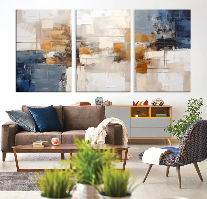 Abstract Print Wall Art Canvas Artwork with blue, white, and gold hues is showcased. Crafted on museum-quality canvases, this artwork comes ready to hang and includes a UV-protective coating to preserve its vibrant colors.