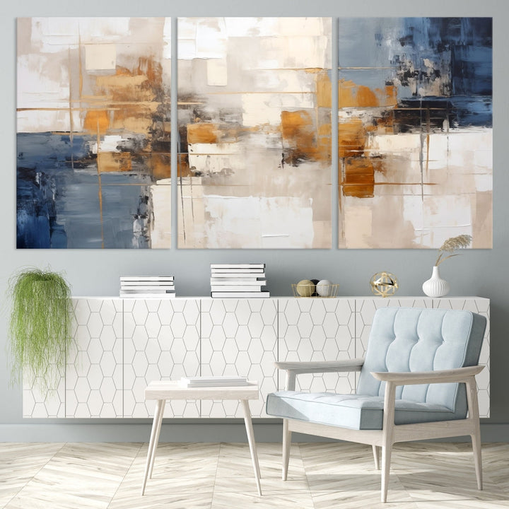 Abstract Print Wall Art Canvas Artwork with blue, white, and gold hues is showcased. Crafted on museum-quality canvases, this artwork comes ready to hang and includes a UV-protective coating to preserve its vibrant colors.