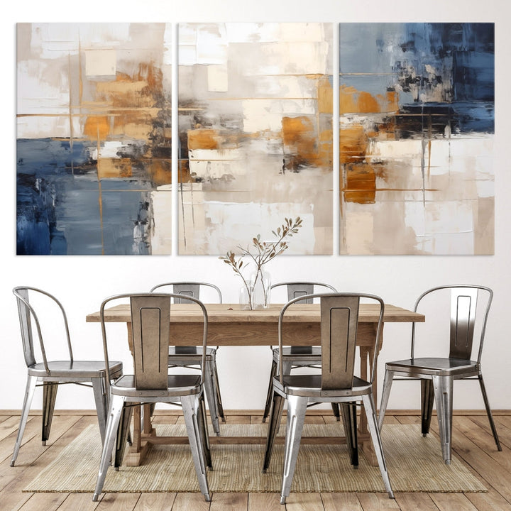 Abstract Print Wall Art Canvas Artwork with blue, white, and gold hues is showcased. Crafted on museum-quality canvases, this artwork comes ready to hang and includes a UV-protective coating to preserve its vibrant colors.