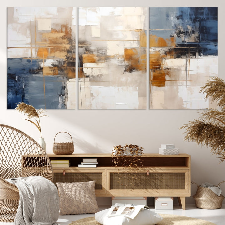 Abstract Print Wall Art Canvas Artwork with blue, white, and gold hues is showcased. Crafted on museum-quality canvases, this artwork comes ready to hang and includes a UV-protective coating to preserve its vibrant colors.