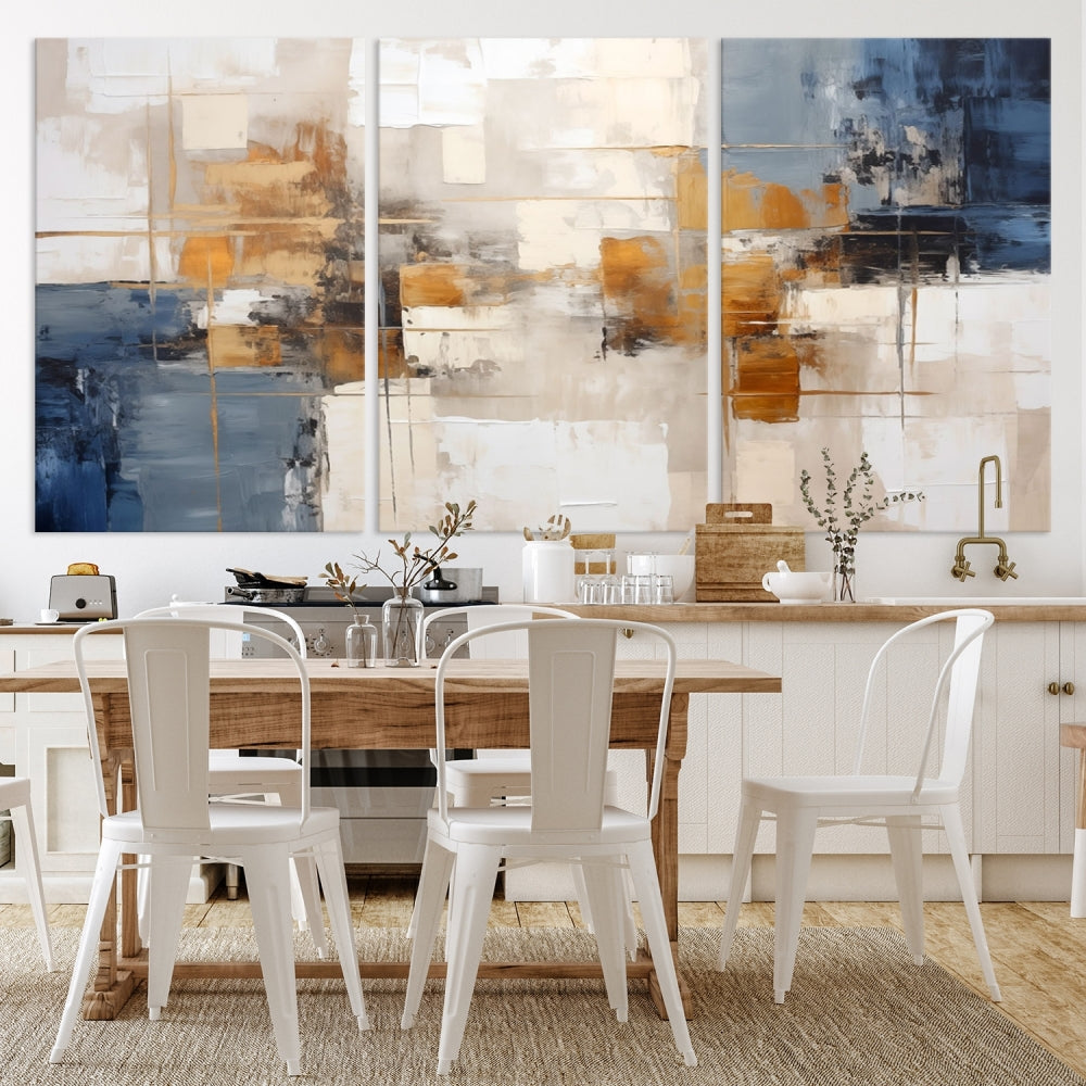 Abstract Print Wall Art Canvas Artwork with blue, white, and gold hues is showcased. Crafted on museum-quality canvases, this artwork comes ready to hang and includes a UV-protective coating to preserve its vibrant colors.