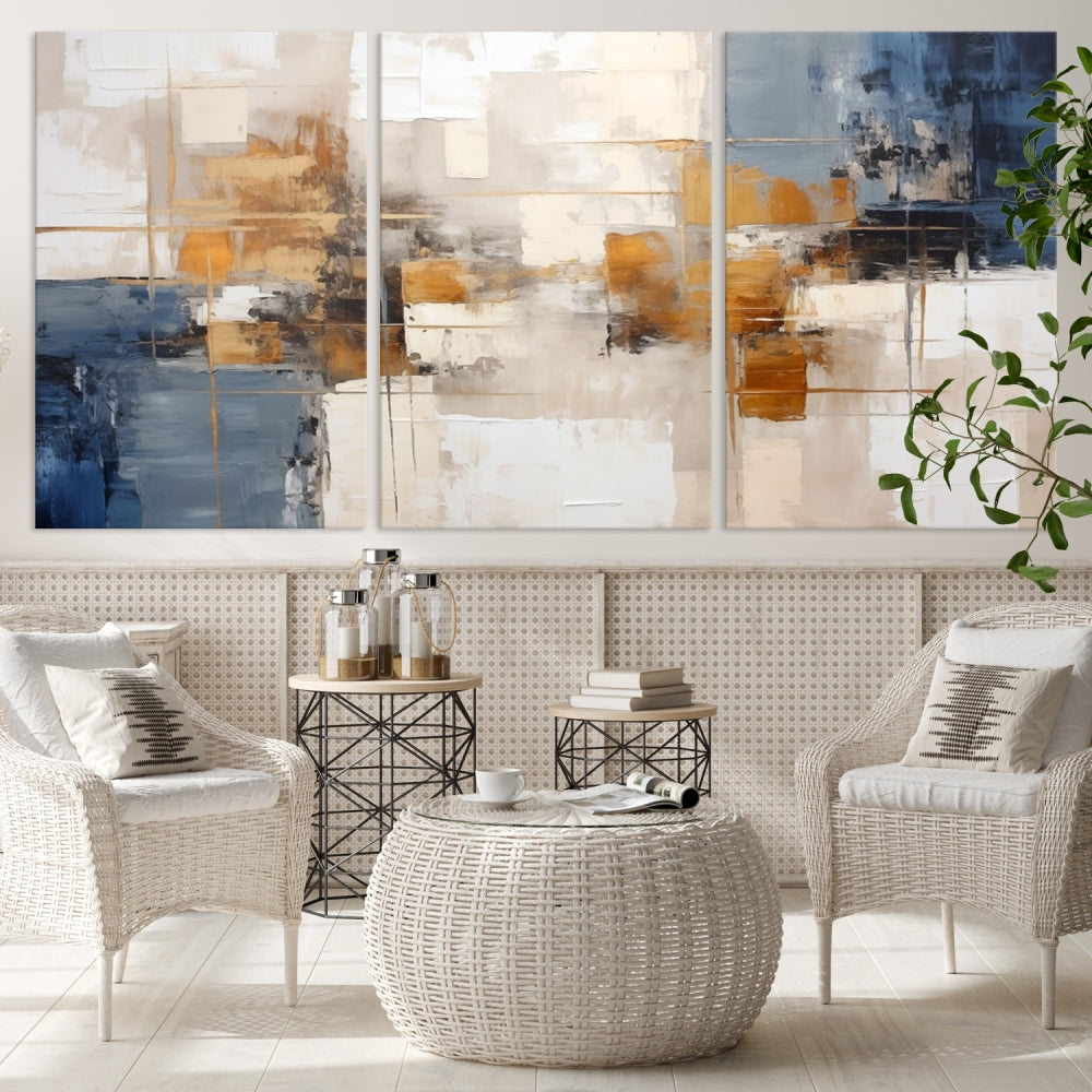 Abstract Print Wall Art Canvas Artwork with blue, white, and gold hues is showcased. Crafted on museum-quality canvases, this artwork comes ready to hang and includes a UV-protective coating to preserve its vibrant colors.