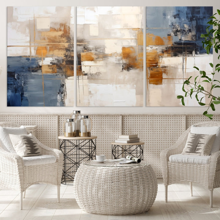 Abstract Print Wall Art Canvas Artwork with blue, white, and gold hues is showcased. Crafted on museum-quality canvases, this artwork comes ready to hang and includes a UV-protective coating to preserve its vibrant colors.