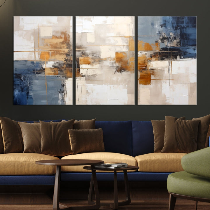 Abstract Print Wall Art Canvas Artwork with blue, white, and gold hues is showcased. Crafted on museum-quality canvases, this artwork comes ready to hang and includes a UV-protective coating to preserve its vibrant colors.