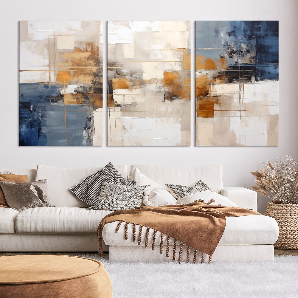 Abstract Print Wall Art Canvas Artwork with blue, white, and gold hues is showcased. Crafted on museum-quality canvases, this artwork comes ready to hang and includes a UV-protective coating to preserve its vibrant colors.