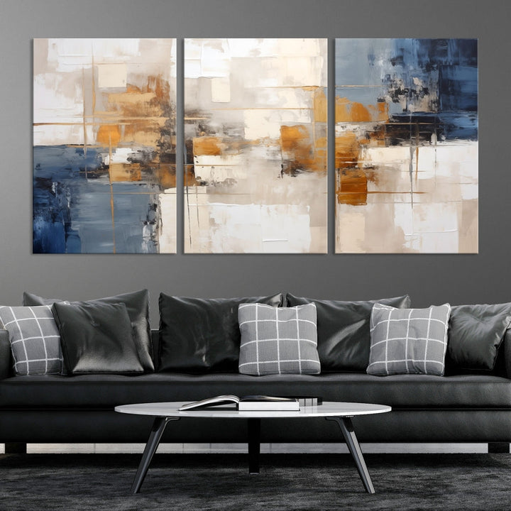 Abstract Print Wall Art Canvas Artwork with blue, white, and gold hues is showcased. Crafted on museum-quality canvases, this artwork comes ready to hang and includes a UV-protective coating to preserve its vibrant colors.