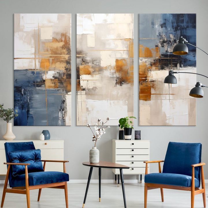 Abstract Print Wall Art Canvas Artwork with blue, white, and gold hues is showcased. Crafted on museum-quality canvases, this artwork comes ready to hang and includes a UV-protective coating to preserve its vibrant colors.