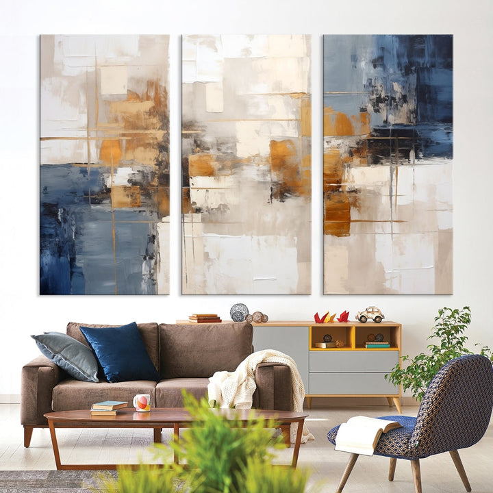 Abstract Print Wall Art Canvas Artwork with blue, white, and gold hues is showcased. Crafted on museum-quality canvases, this artwork comes ready to hang and includes a UV-protective coating to preserve its vibrant colors.