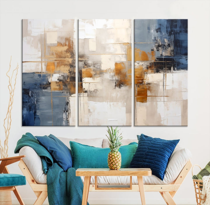 Abstract Print Wall Art Canvas Artwork with blue, white, and gold hues is showcased. Crafted on museum-quality canvases, this artwork comes ready to hang and includes a UV-protective coating to preserve its vibrant colors.